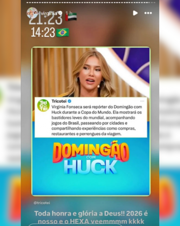 Virginia confirma trabalho durante a Copa no “Domingão com Huck” e profetiza: “O hexa vem”