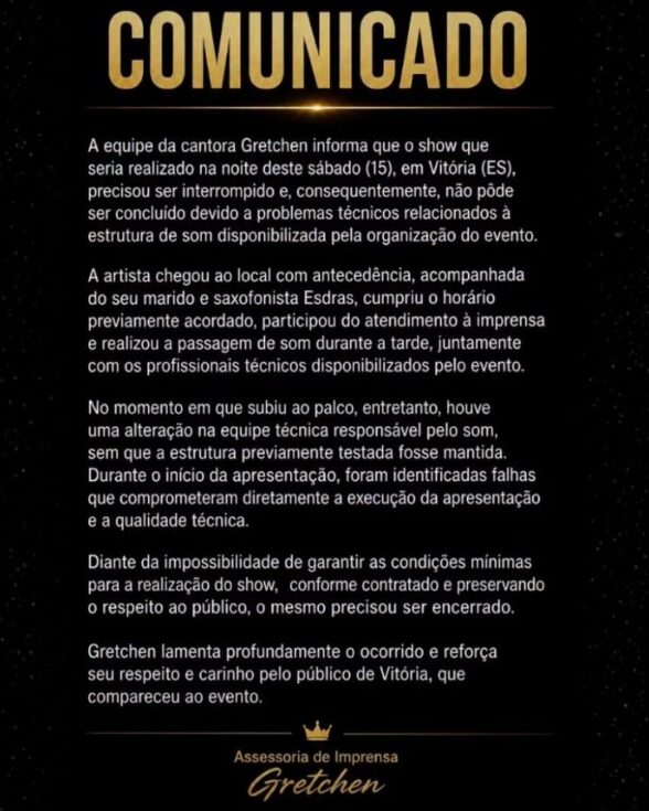 Gretchen se pronuncia após abandonar palco e cancelar show em Vitória por falhas de som