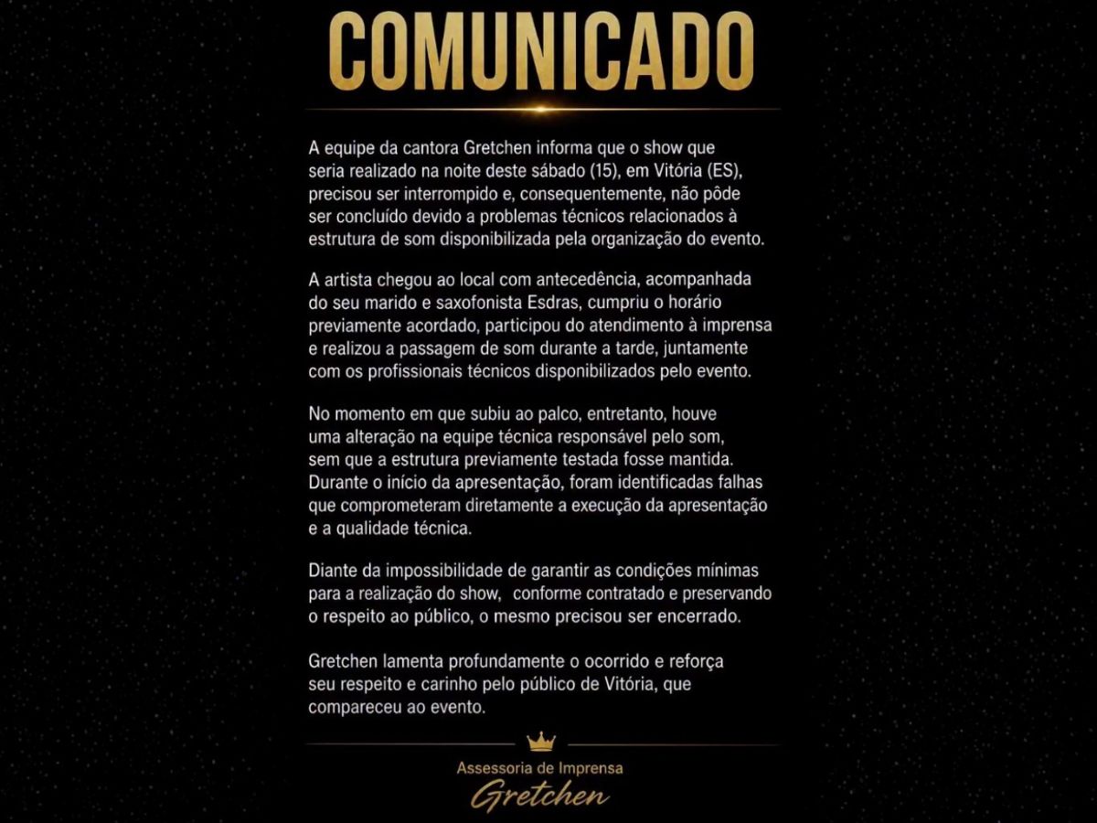 Gretchen se pronuncia após abandonar palco e cancelar show em Vitória por falhas de som